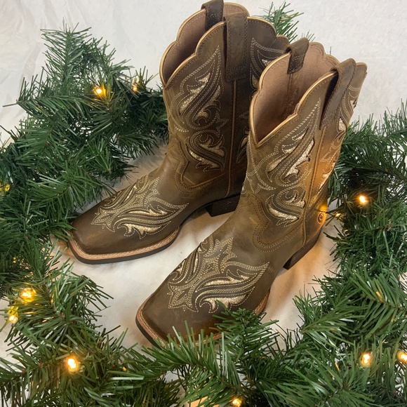 Ariat Youth Round Up Bliss Western Boots — Size 4 — Tan & Gold Glitter — New Wit - Picture 2 of 5